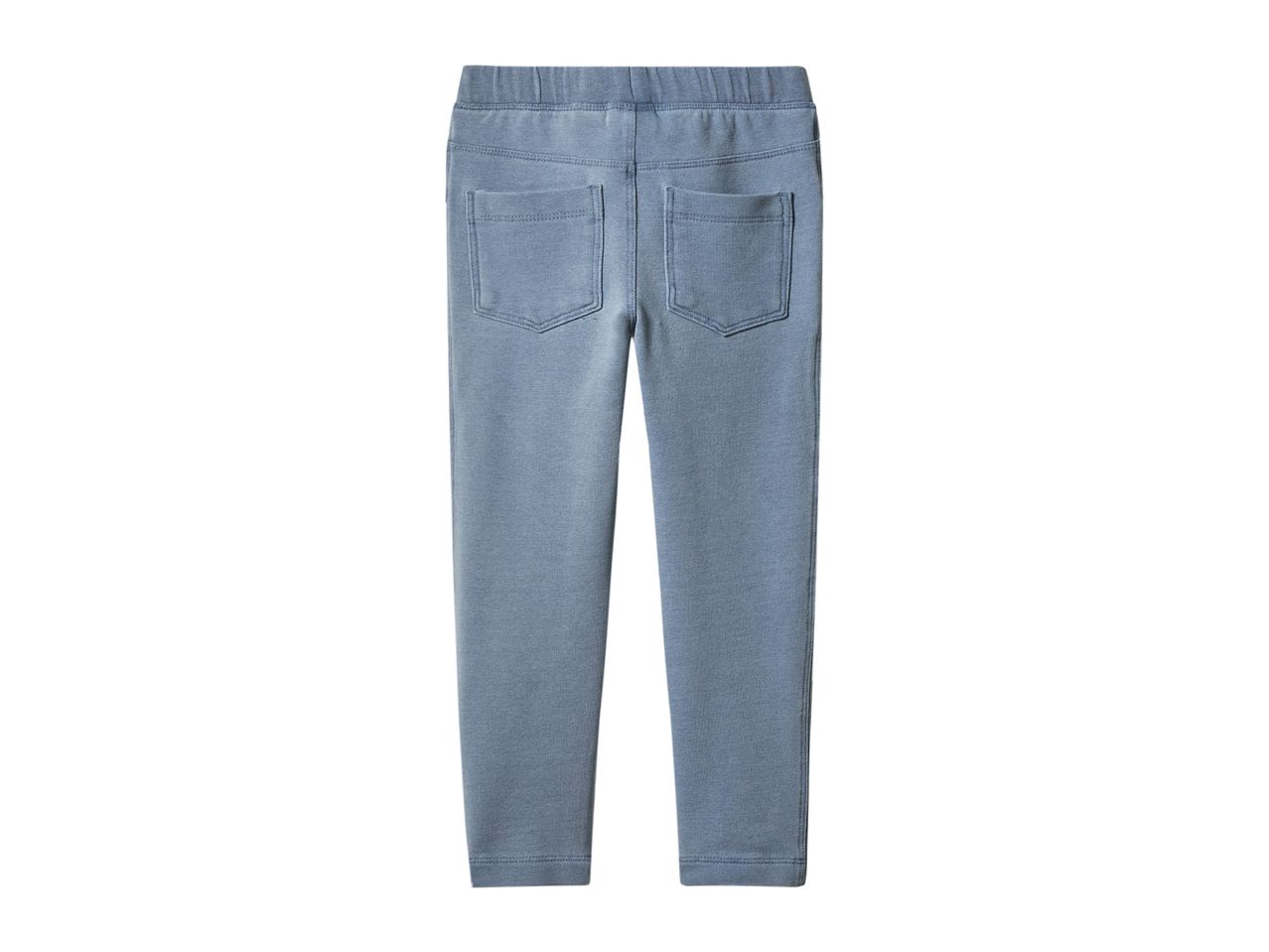 Back view of blue children's leggings with an elasticated waist and two back pockets.