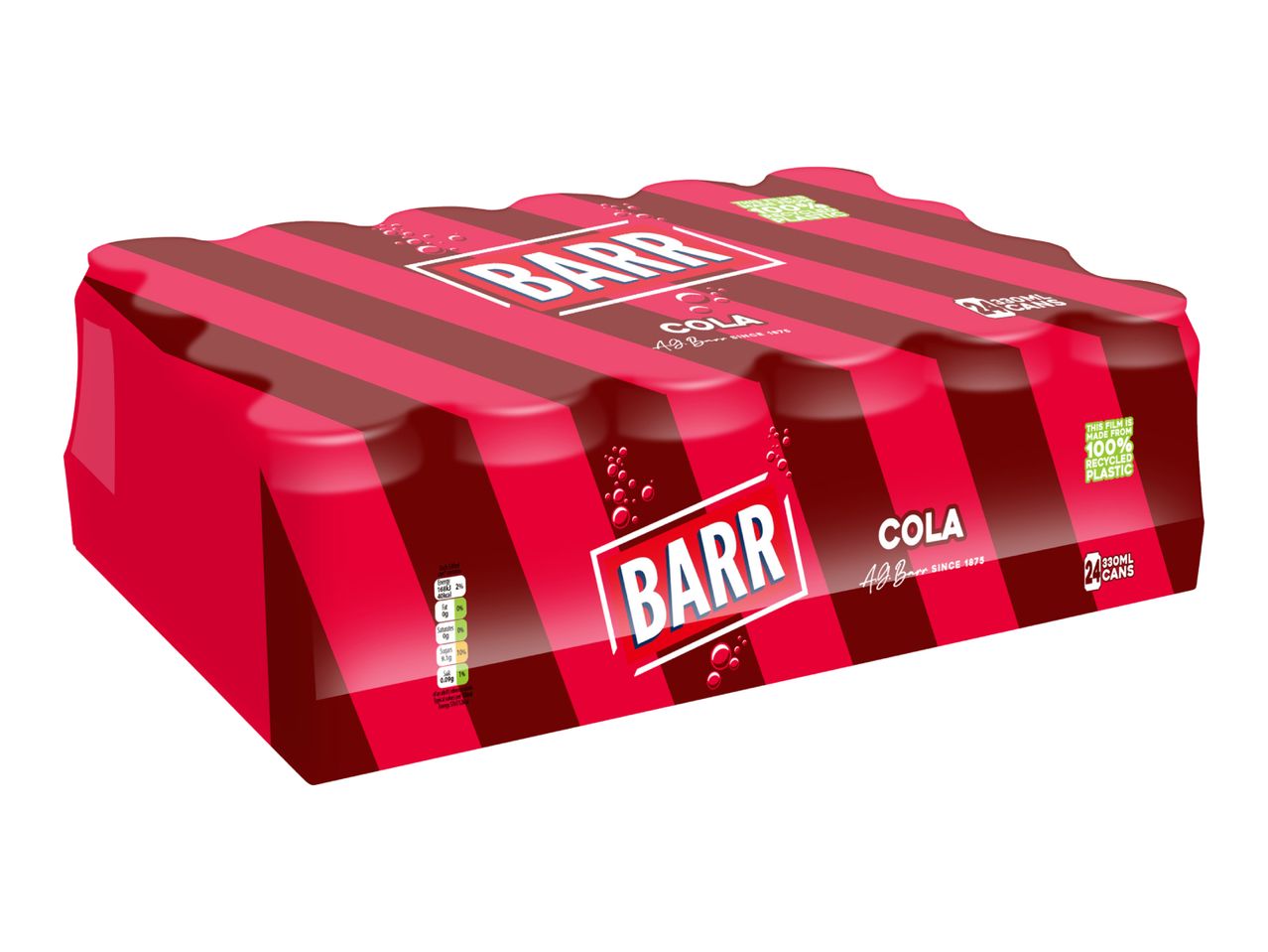 Barr Cola 24-pack of 330ml cans, with 100% recycled plastic film.