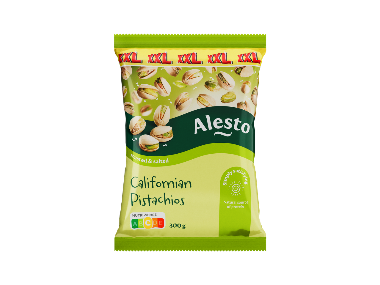 Alesto XXL Pistácios da Califórnia, torrados e salgados, embalagem de 300g.