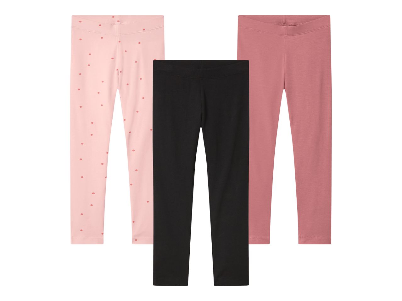 Dreierpack Leggings: eine rosa mit Punkten, eine schwarze und eine rosafarbene.