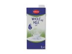 En karton sødmælk med 3,5% fedt og teksten 'WHOLE MILK UHT 1Le'.