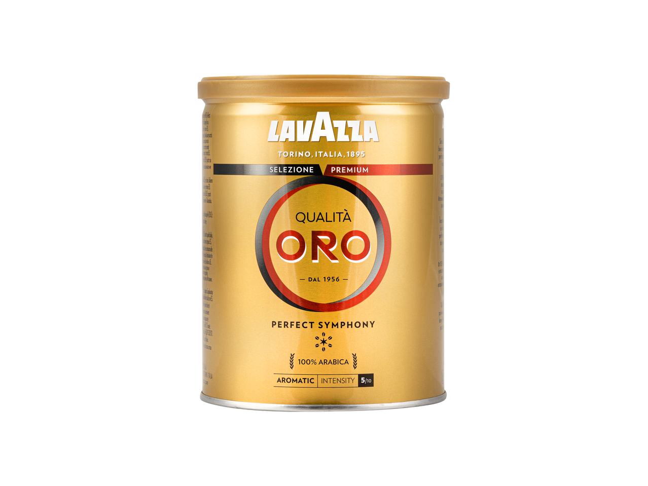 Auksinės spalvos „Lavazza Qualità Oro“ kavos skardinė su juodu ir raudonu logotipu.