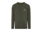 Olive green long-sleeve Henley shirt with a graphic print on the chest.