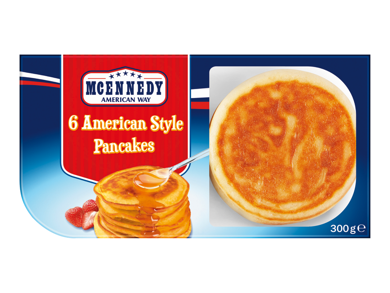 McEnnedy 6 American Style Pancakes with syrup and strawberries, and a single pancake.