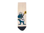 A single beige sock with a cartoon dinosaur wearing a baseball cap and jersey.