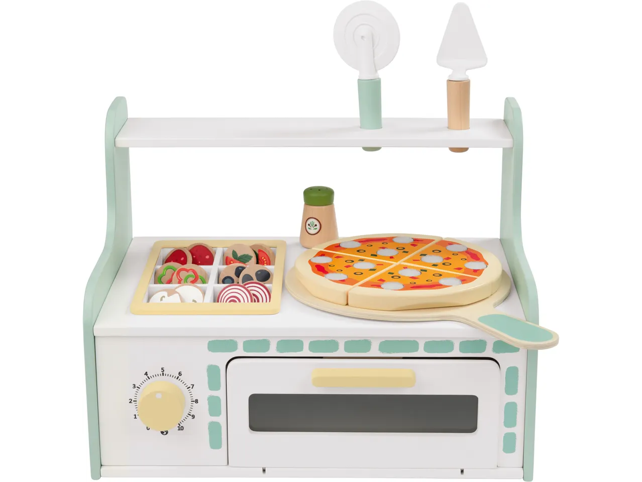 Drvena igračka kuhinja za pizzu s dodacima i pećnicom.