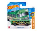 Hot Wheels HW Fast Transit bus toy in green, with 'Racing Academy' graphics on packaging.