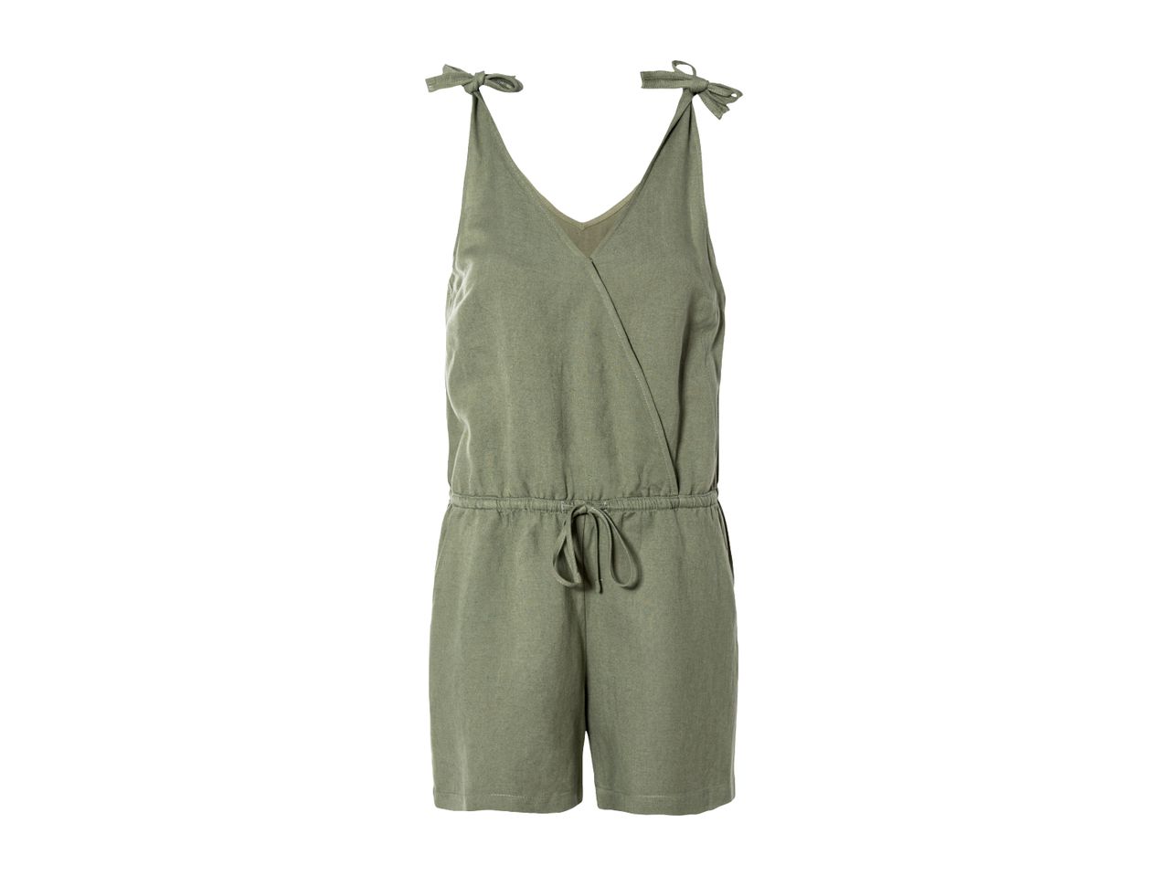 Green women's short jumpsuit with tie straps and drawstring waist