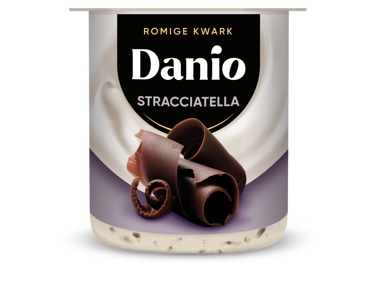 Romige kwark met stracciatellasmaak en chocoladekrullen op de verpakking.