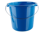 Balde de plástico azul com alças de metal.