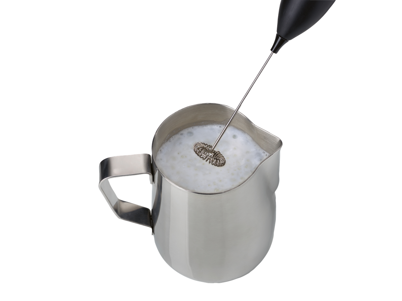 Milk frother in a stainless steel jug with frothed milk