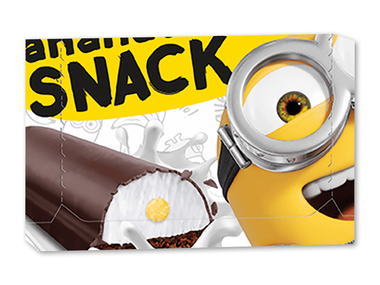 Minion-inspireret is med chokoladeovertræk og banansmag, med teksten 'SNACK'.