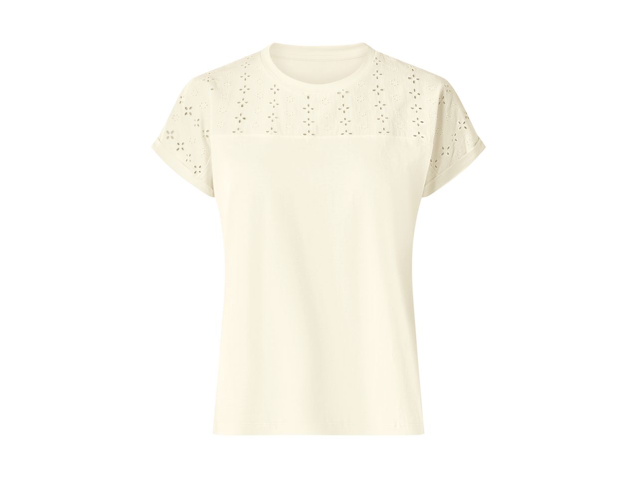 Women's cream-colored short-sleeved top with embroidered details on the shoulders.