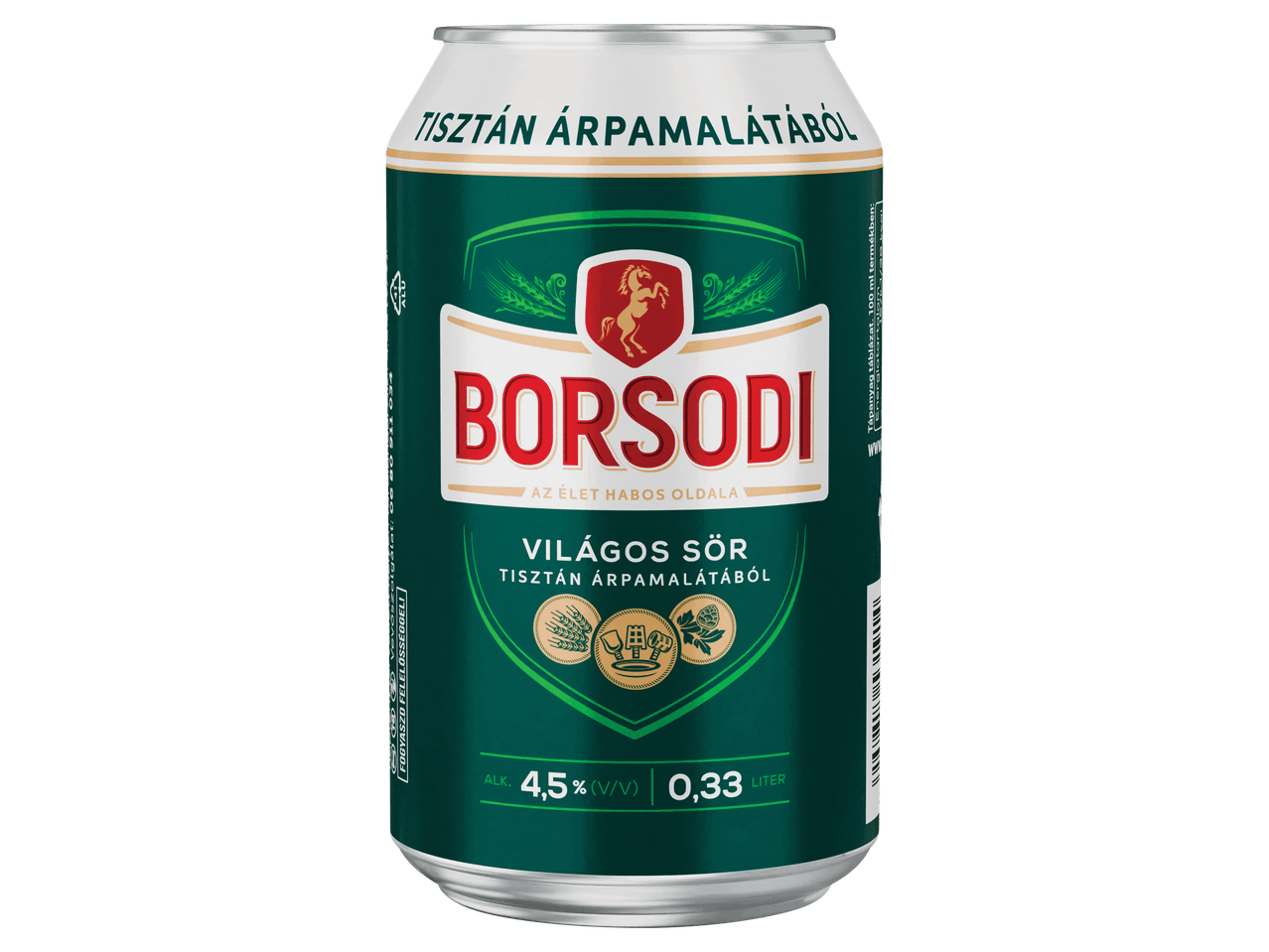 0,33 literes dobozos világos sör 4,5%-os alkoholtartalommal.