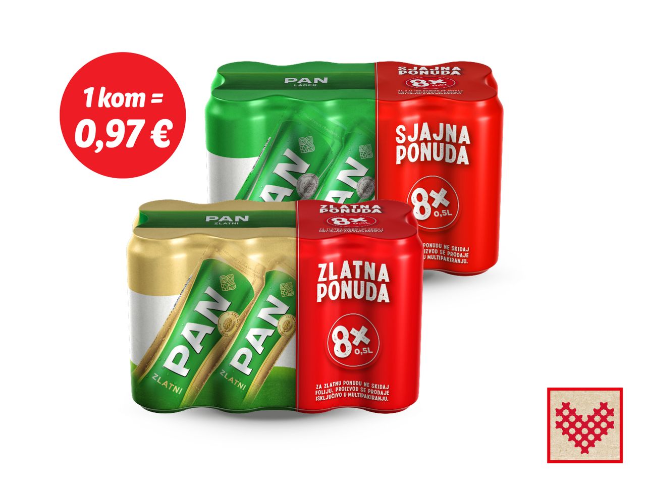 Promotivna ponuda piva Pan Zlatni: 8x0,5L pakiranja po cijeni od 0,97€.