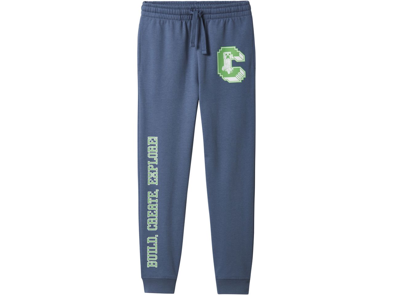 Blue Minecraft sweatpants with a pixelated 'C' and 'BUILD. CREATE. EXPLORE!' text.