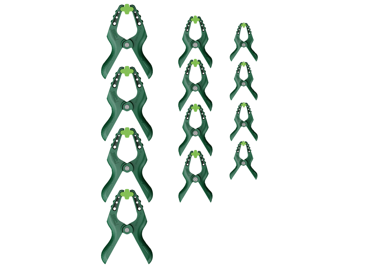 Set van 15 groene Parkside® veerklemmen in verschillende maten.