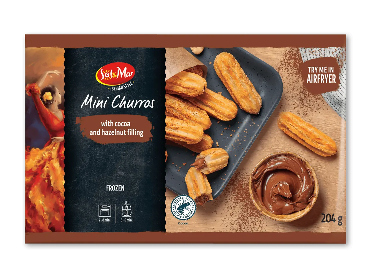 Mini-churros med kakao- og hasselnøddefyld, frosne, 204g, klar på 5-8 minutter.