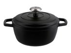 Black cast iron casserole dish with a silver knob on the lid