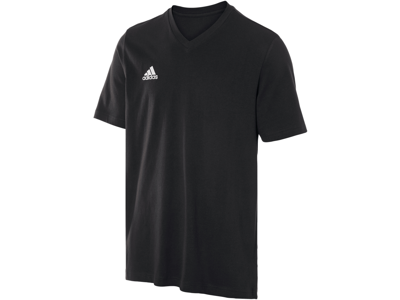 Zwart heren T-shirt met korte mouwen, V-hals en Adidas-logo.