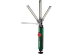 PARKSIDE LED lampa ar četrām kustīgām svirām un zaļu rokturi.
