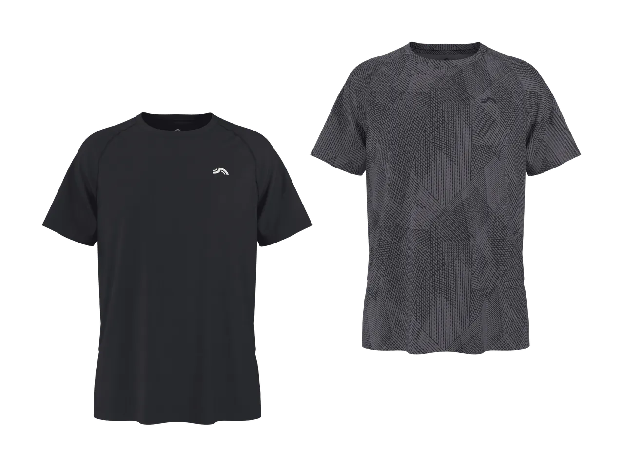 Zwei Herren-Sport-T-Shirts, eines einfarbig schwarz und eines grau mit geometrischem Muster.