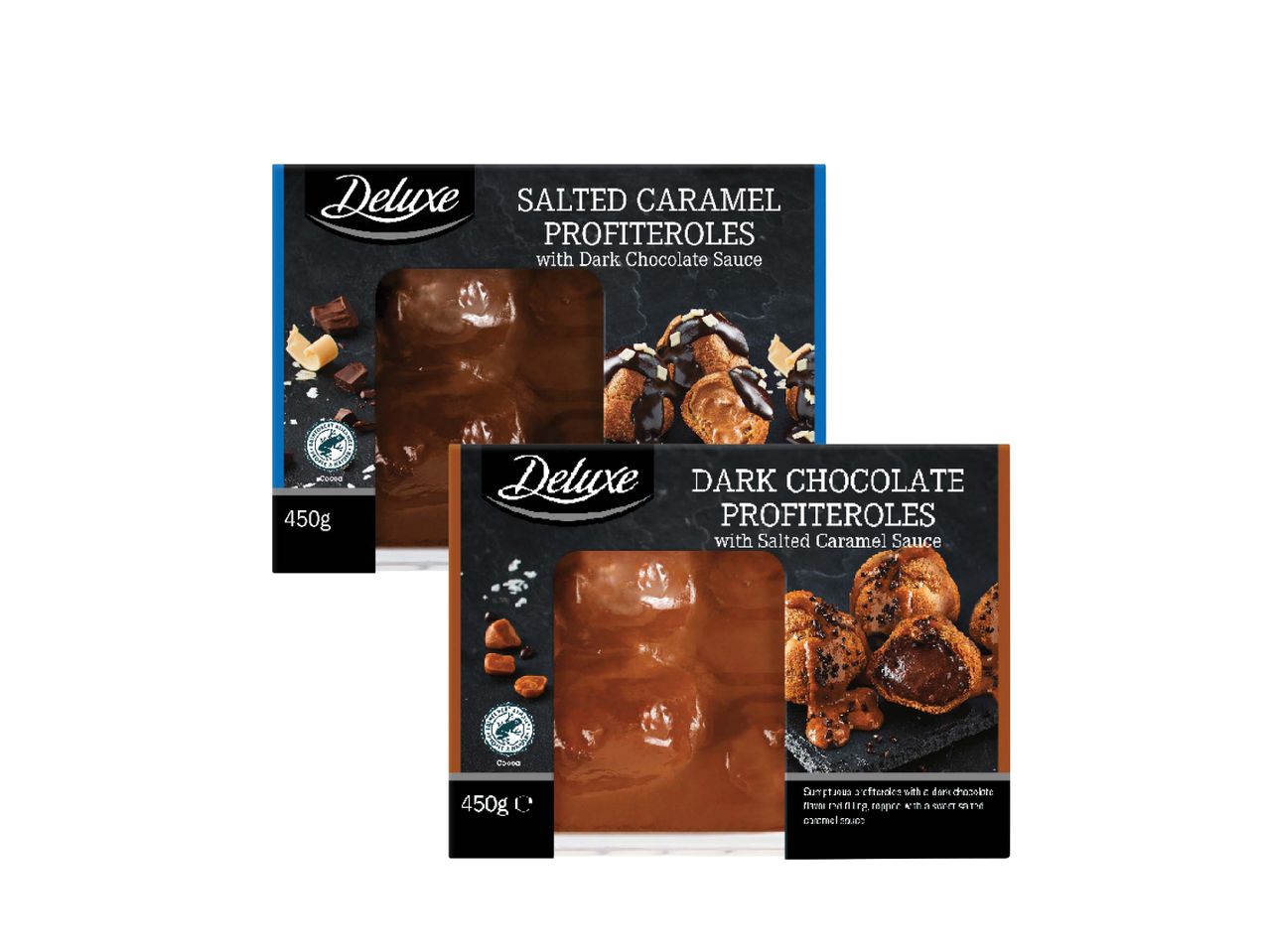 „Deluxe“ sūrios karamelės ir juodojo šokolado profiteroliai, 450 g pakuotės.