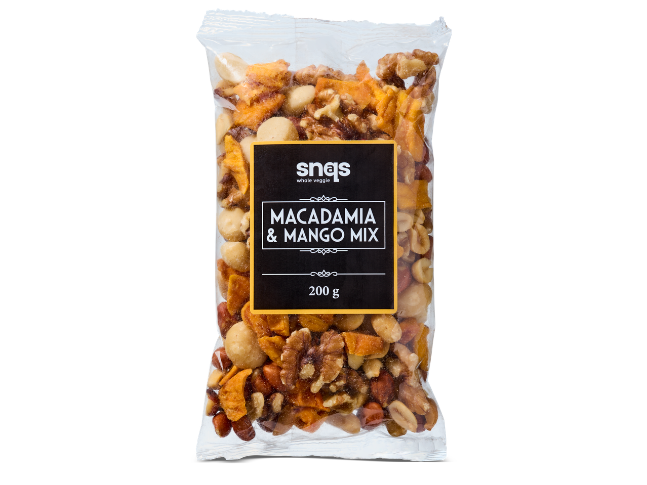 Snaqs Macadamia & Mango Mix: 200g zakje met macadamianoten, stukjes mango en noten.