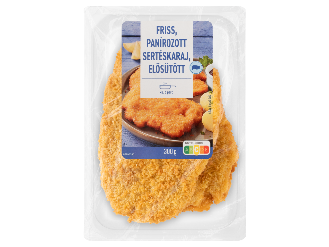 Friss, panírozott sertéskaraj szeletek csomagolásban, Nutri-Score-ral és elkészítési útmutatóval.