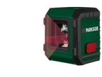 PARKSIDE zaļš un melns krustlīniju lāzera līmeņrādis ar redzamiem sarkaniem lāzera stariem.