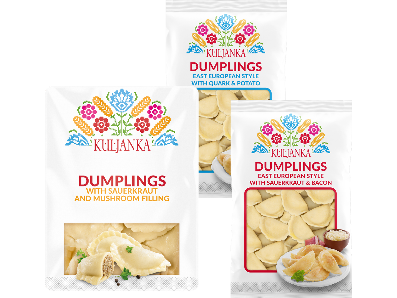 Tre förpackningar med KULJANKA dumplings: med kvarg och potatis, surkål och svamp, samt surkål och bacon.