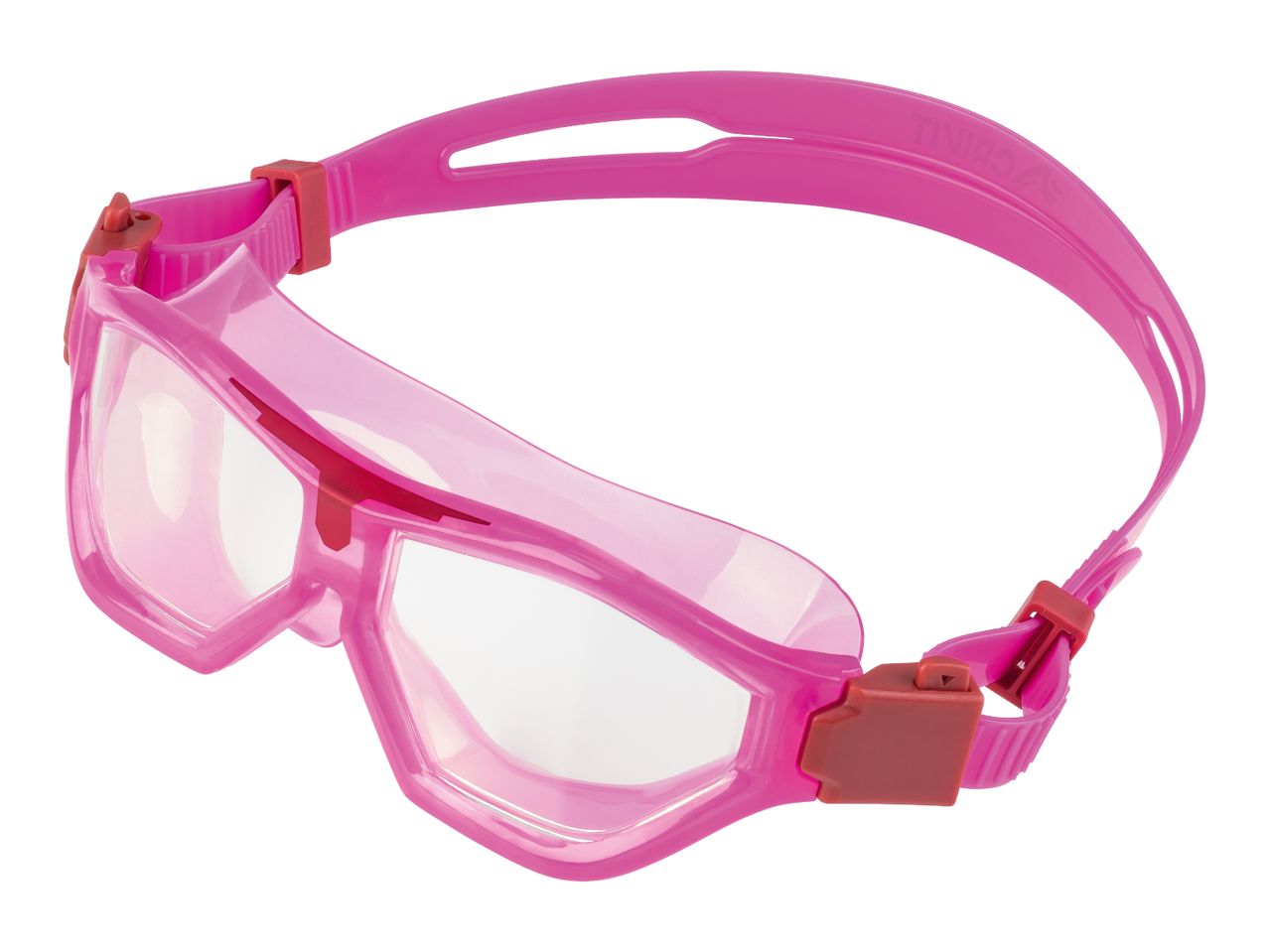 Pink swimming goggles with clear lenses and red adjustable straps