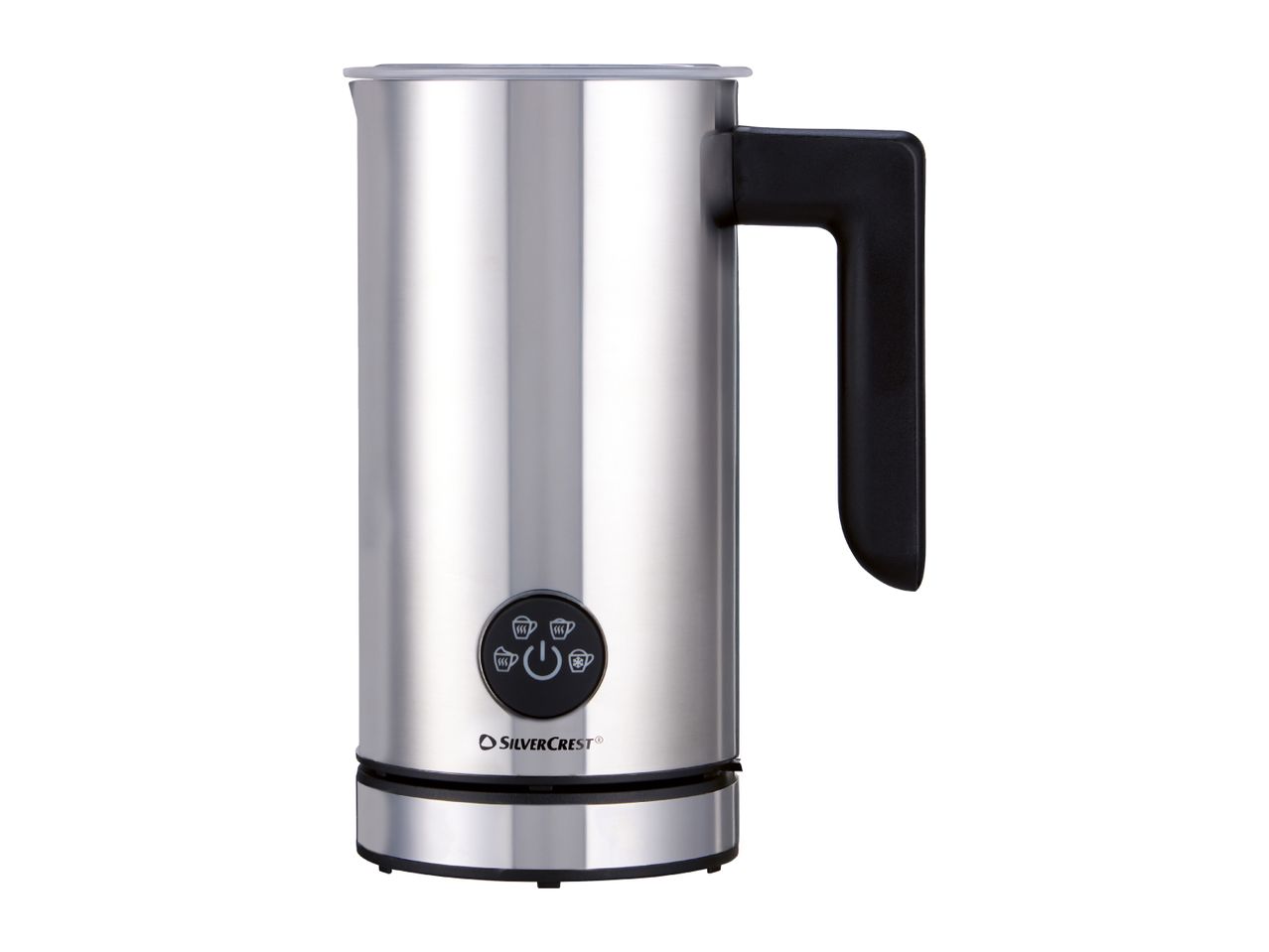 Stainless steel milk frother with a black handle and control panel with various frothing options.