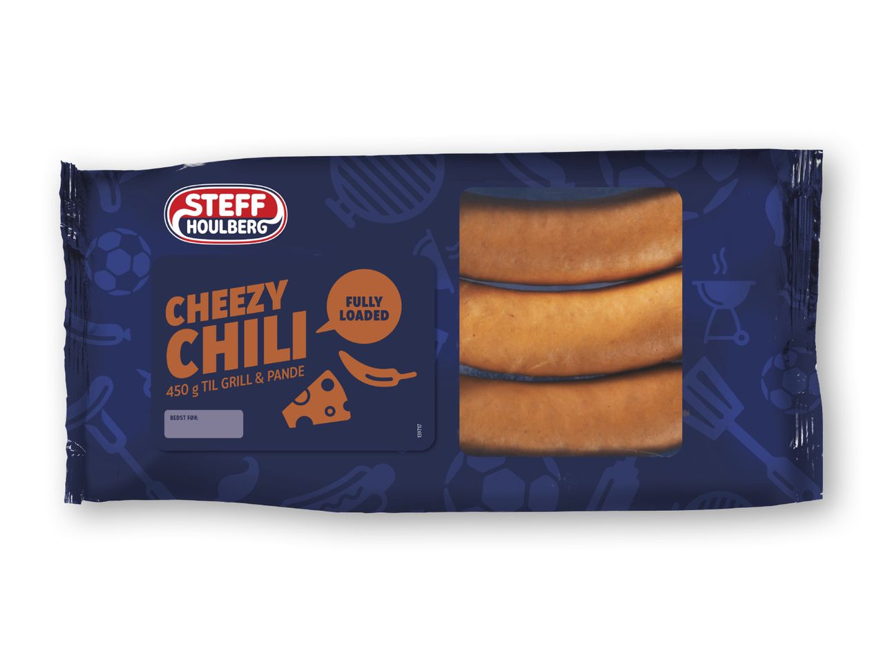 Steff Houlberg's Cheezy Chili pølser, 450g, klar til grill eller pande.