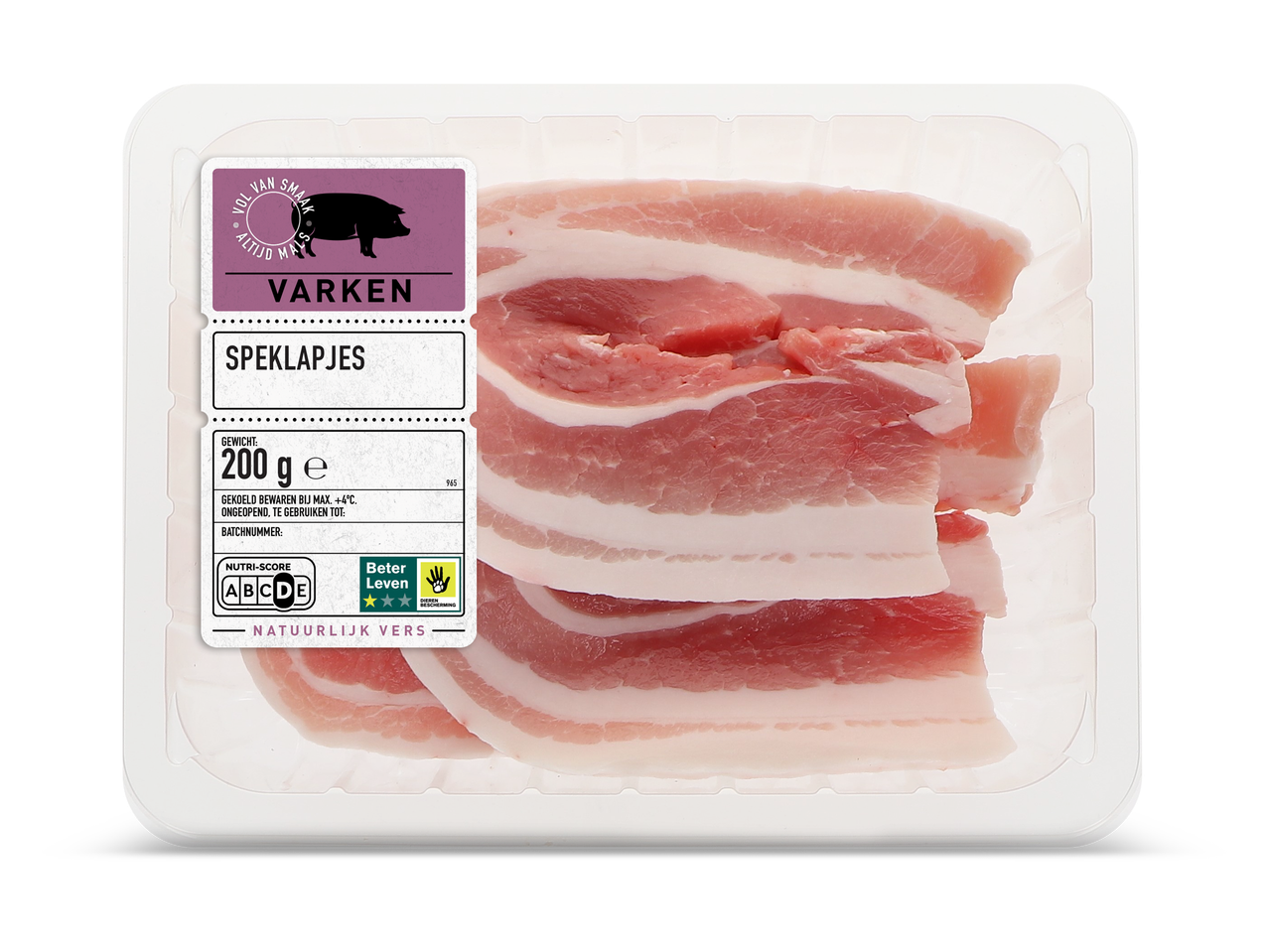 Verpakking met 200 gram speklapjes van varkensvlees.