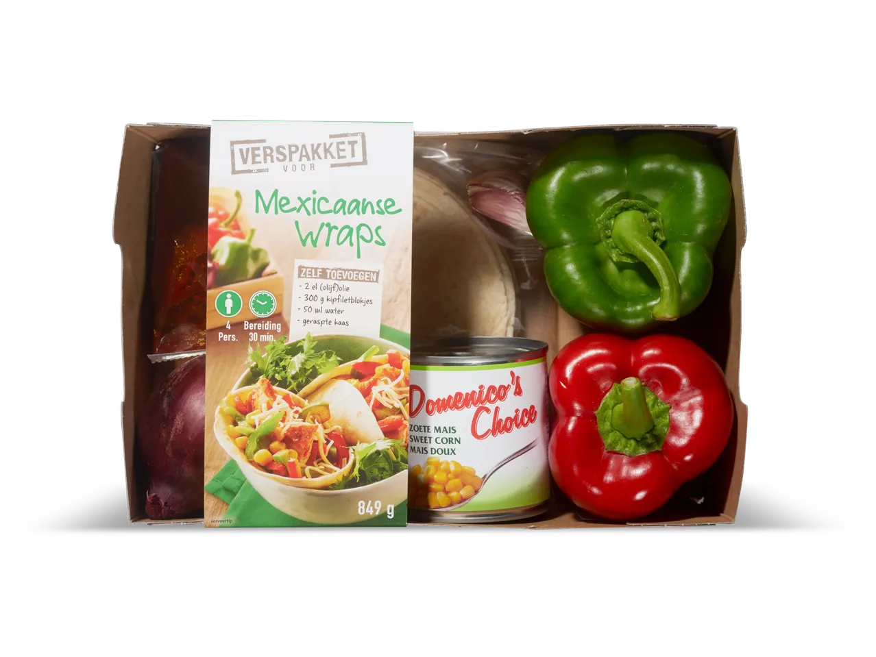 Een Verspakket Mexicaanse Wraps kit met Domenico's Choice zoete mais, paprika's en tortilla's.