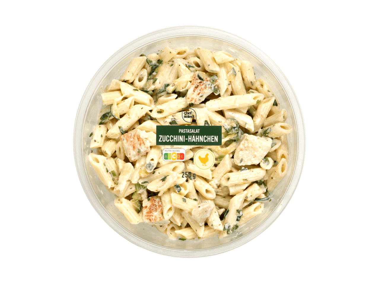 Nudelsalat mit Zucchini und Hähnchen in einer durchsichtigen Schale, 250g