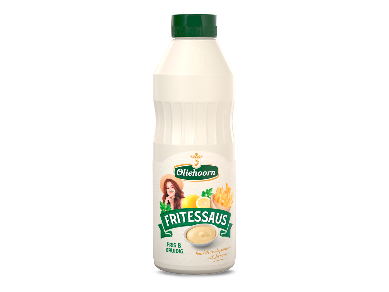 Fritessaus in een witte fles met een groen etiket, met een vrouw, citroenen en frietjes.