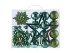 Christmas ornament set with green glitter balls, matte balls, shiny balls, a snowflake, and a star.