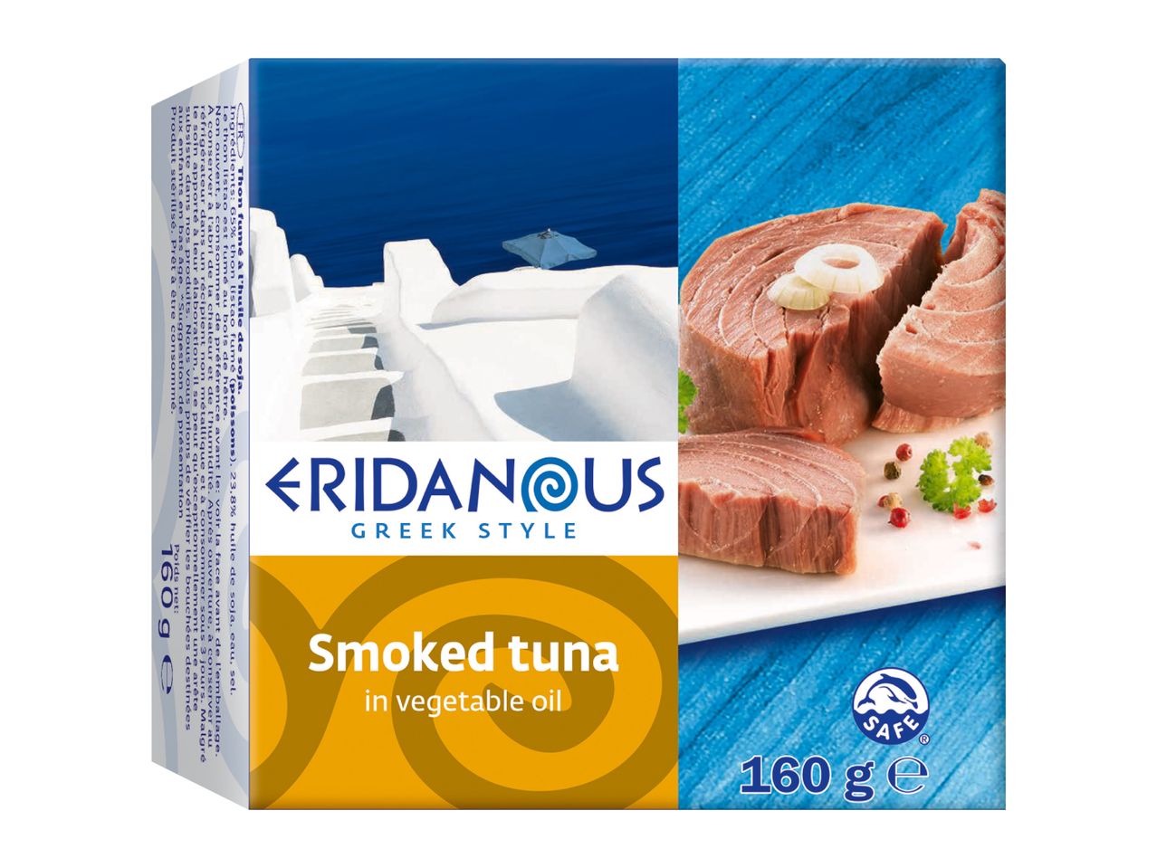 Smoked tuna in vegetable oil, 160g, with a Greek-style design.
