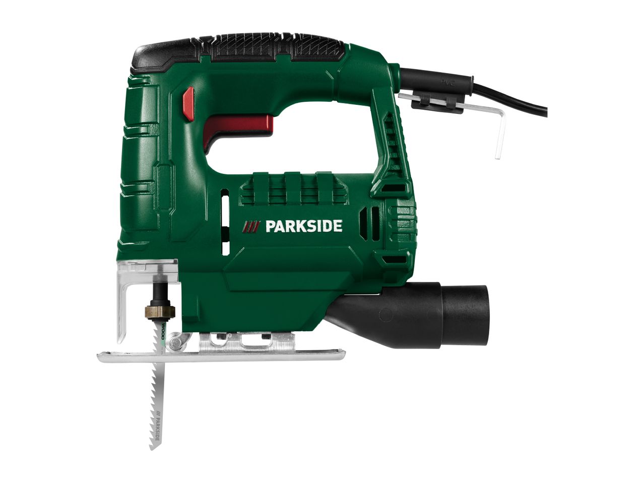 Green electric jigsaw with a saw blade and a black power cord