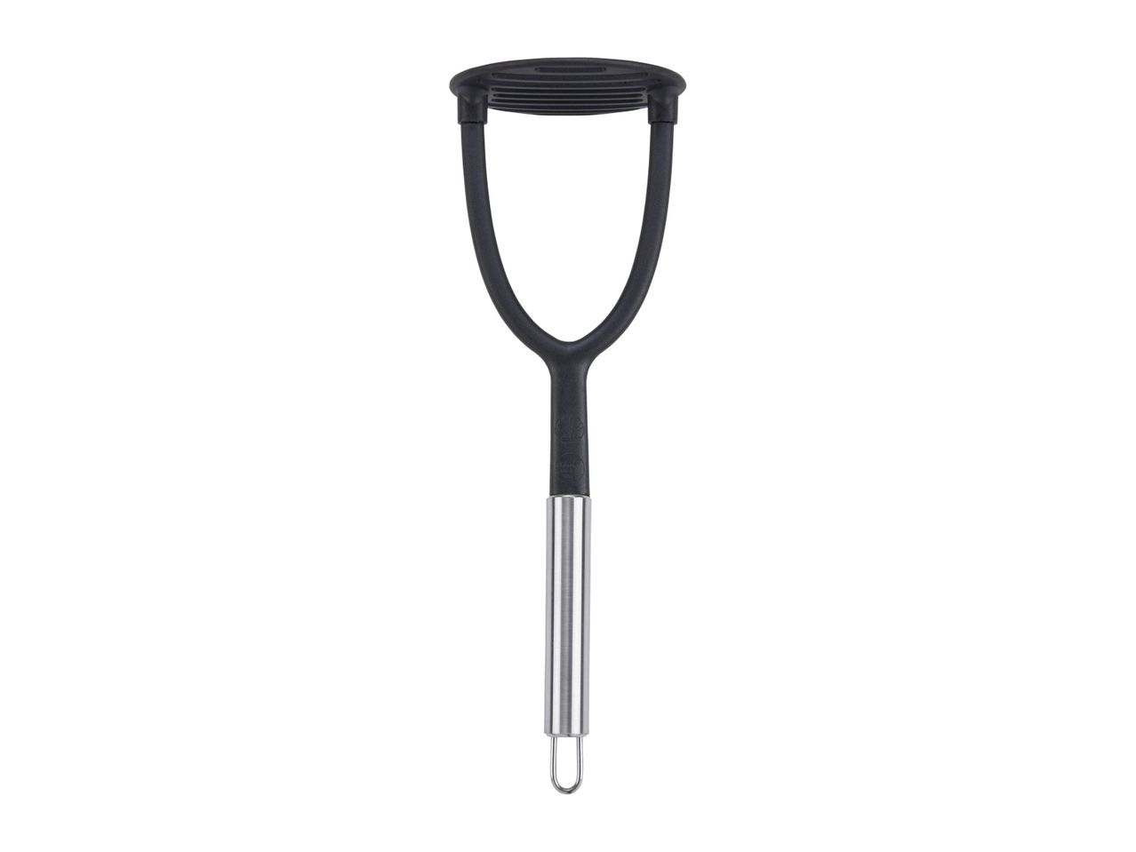 A black and silver potato masher.