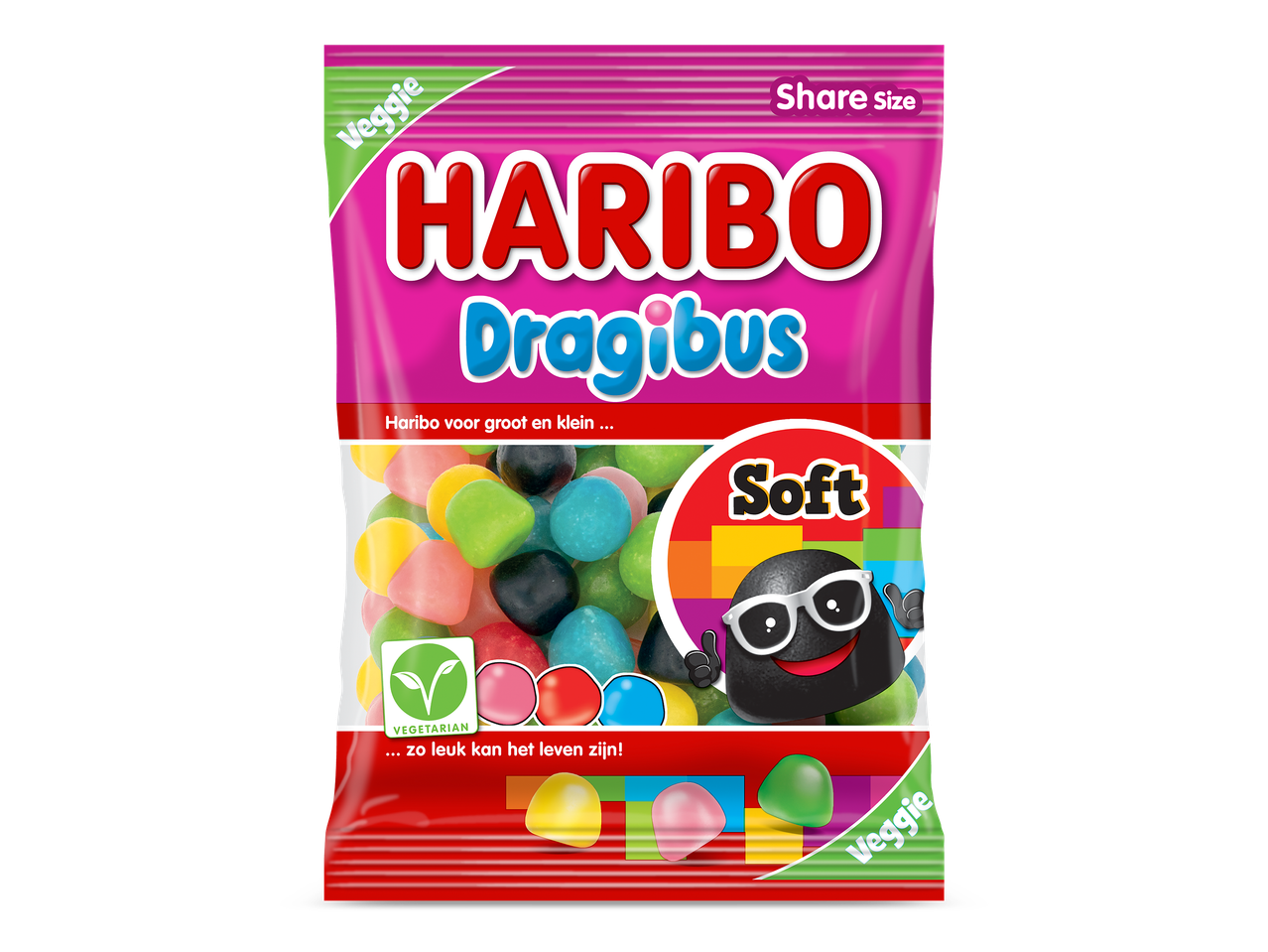 Roze zak met zachte, vegetarische snoepjes in verschillende kleuren, met de tekst 'Share Size' en 'Soft'.