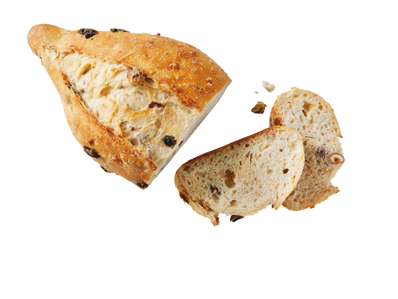 Raisinų ir riešutų duona, supjaustyta riekelėmis.