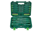 Conjunto de chaves de fenda e bits numa caixa verde, incluindo chaves de fenda de precisão e bits variados.