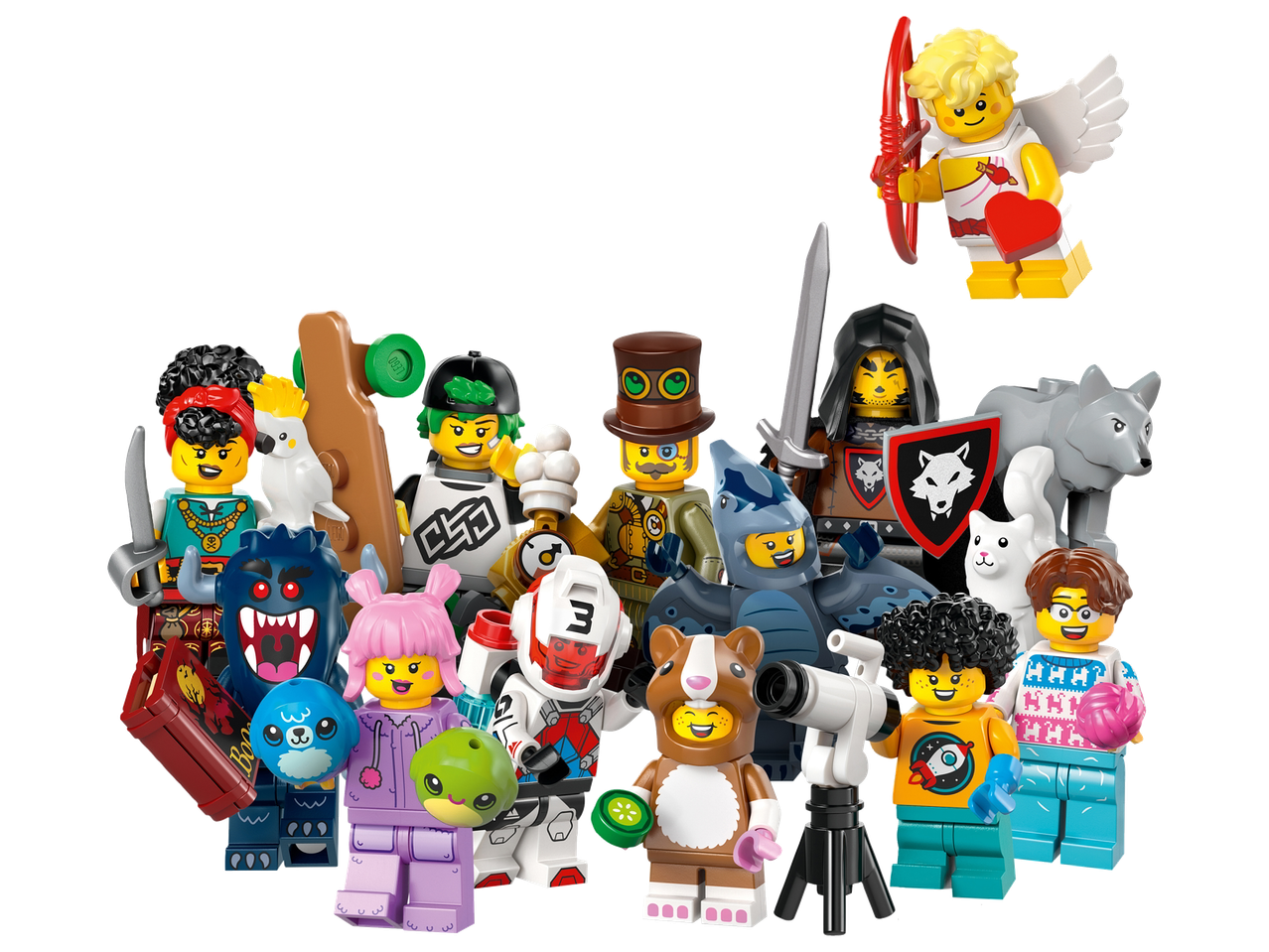 Un groupe de figurines de collection, dont un Cupidon, un chevalier, un pirate et d'autres personnages.