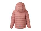 Back view of a pink children's puffer jacket with a hood and a reflective flower detail.