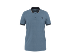 Tricou polo albastru cu mânecă scurtă, cu guler și manșete cu dungi alb-negru, cu un logo mic.