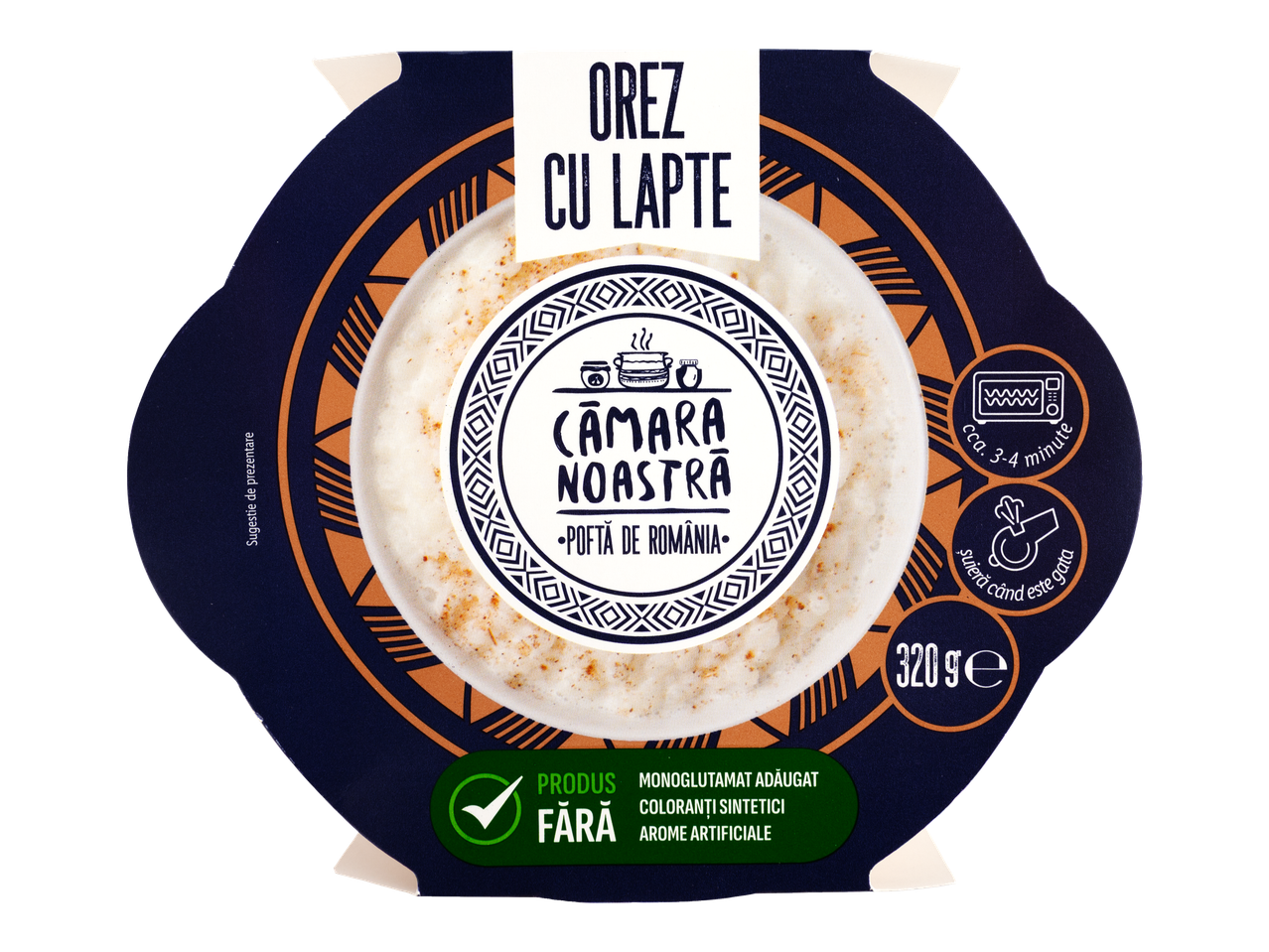 CĂMARA NOASTRĂ Orez cu lapte, 320g, gata în 3-4 minute, fără monoglutamat adăugat, coloranți sintetici sau arome artificiale.