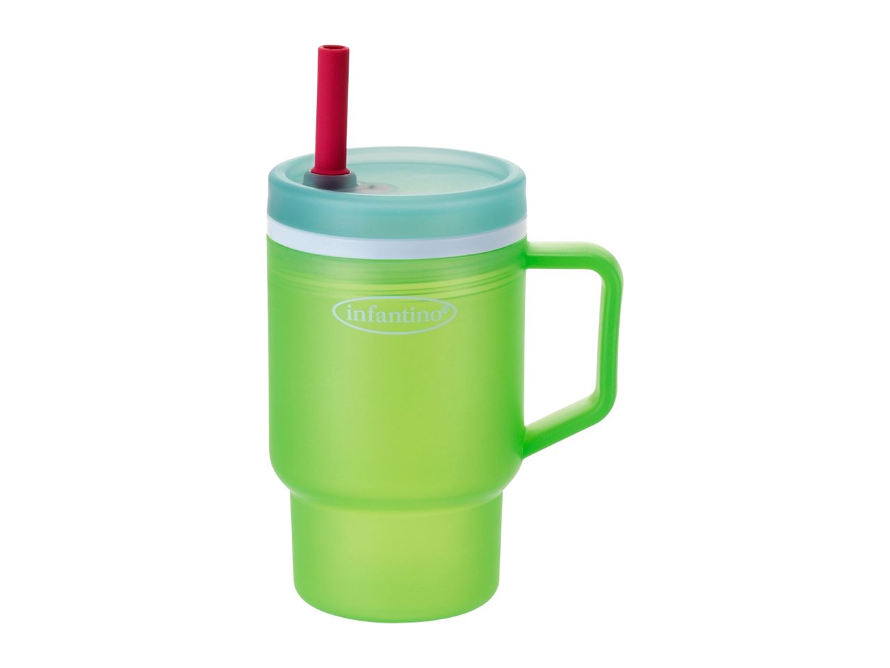 Green insulated sippy cup with a red straw and handle